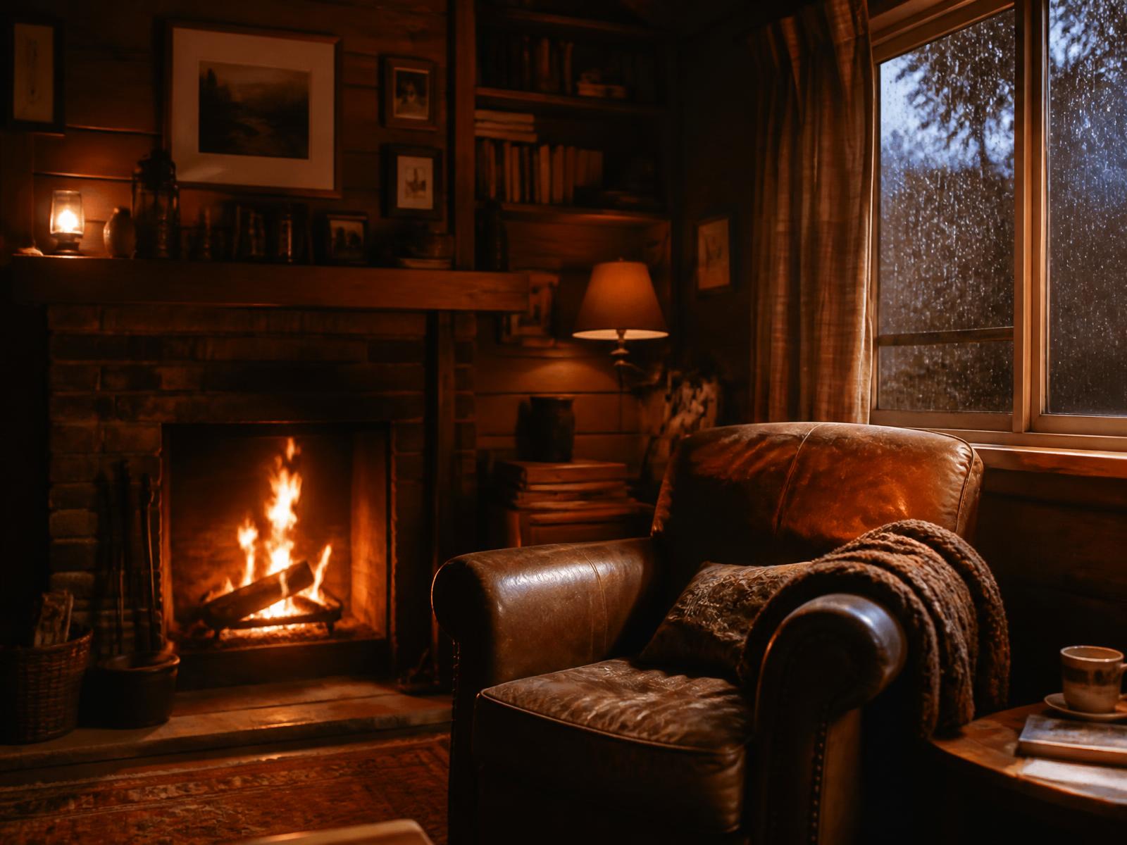 A velvet armchair beside a lit fireplace
